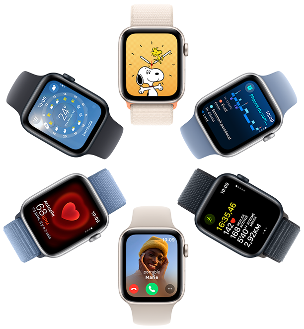 Une vue aérienne de six Apple Watch SE dont les six écrans affichent respectivement le fond d’écran Snoopy, des données de l’app Santé, des données de l’app Exercice, un appel entrant, la Fréquence cardiaque et l’app Météo.