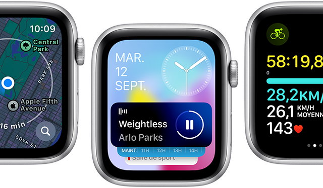 Vue avant de plusieurs écrans d’Apple Watch SE affichant différents écrans d’apps actualisées.